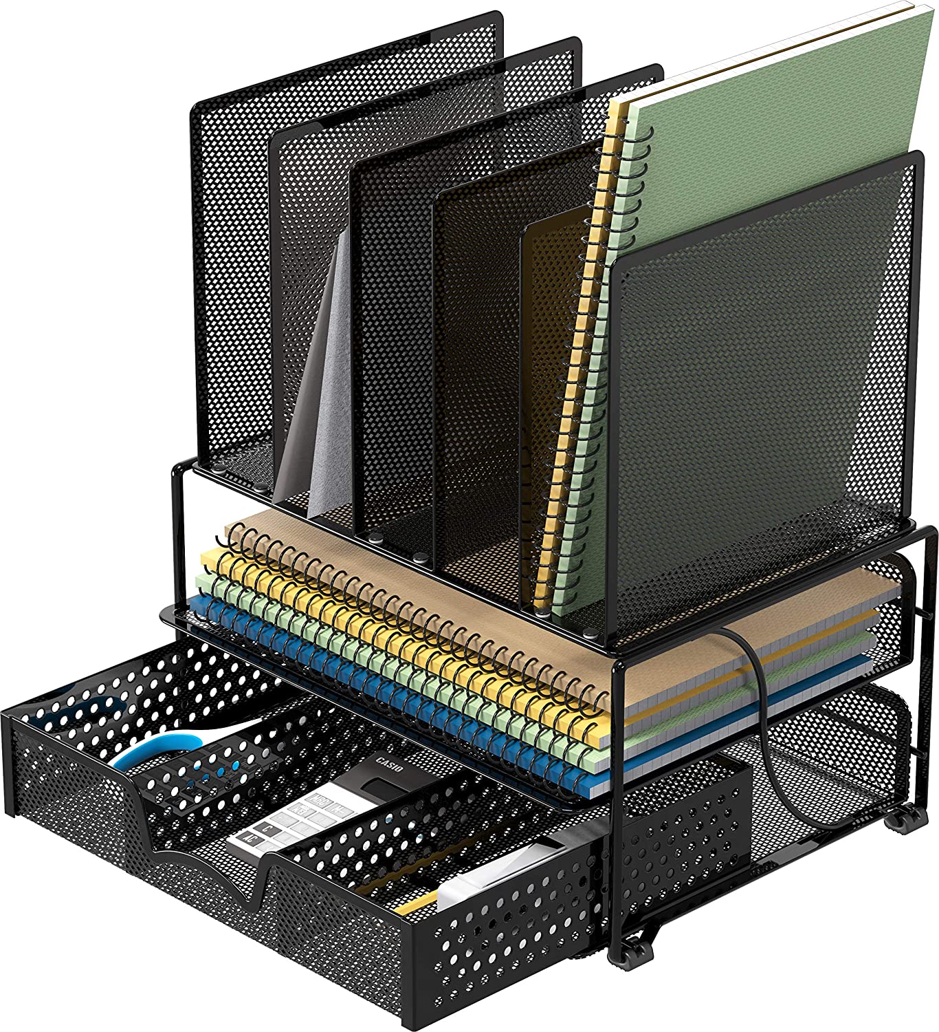 SimpleHouseware Mesh Desk Organizer with Sliding Drawer, Double Tray and 5 Upright Sections, Black SimpleHouseware Mesh Desk Organizer with Sliding Drawer, Double Tray and 5 Upright Sections, Black